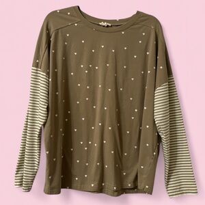Easel Mixed Print Olive Green Heart/Stripe Long Sleeve Top | Size M